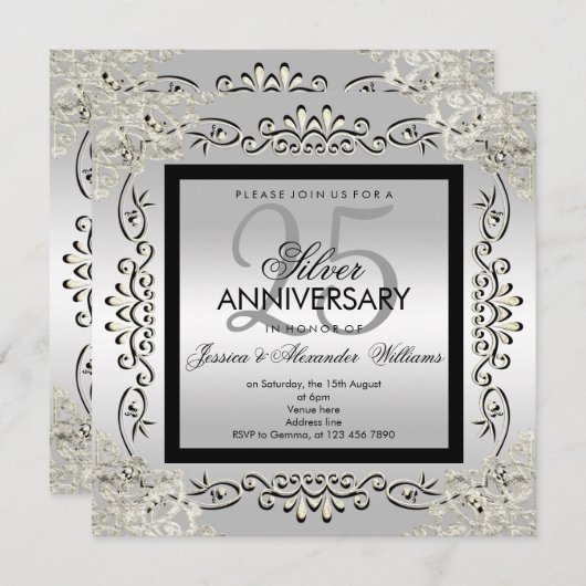 Elegantes Silver & Black 25. Hochzeitstag Einladung (Vorne/Hinten)