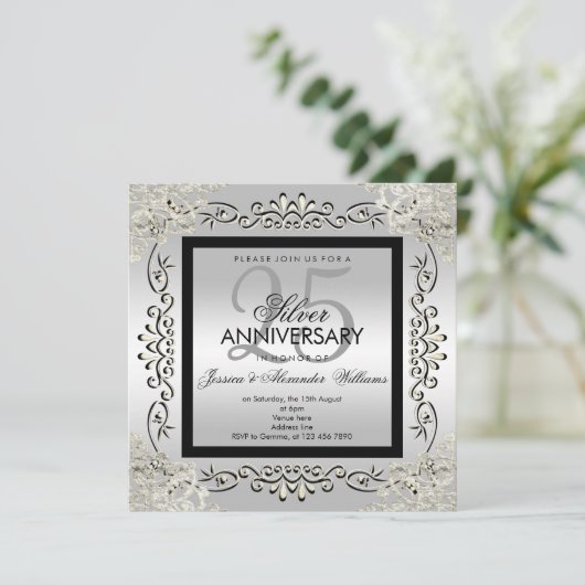 Elegantes Silver & Black 25. Hochzeitstag Einladung (Stehend Vorderseite)