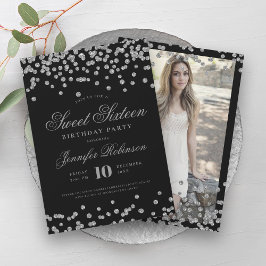 Elegantes Silver Black Confetti Foto Sweet 16 Einladung