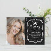 Elegantes Silver Black Foto 50. Geburtstag Einladung (Stehend Vorderseite)