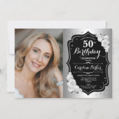 Elegantes Silver Black Foto 50. Geburtstag Einladung (Vorderseite)