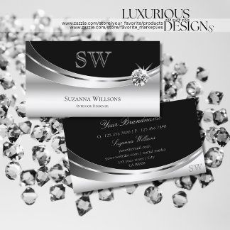 Elegantes Silver Black mit Monogram Sparkle Diamon Visitenkarte