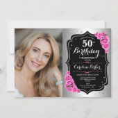 Elegantes Silver Black Pink Foto 50. Geburtstag Einladung (Vorderseite)