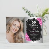 Elegantes Silver Black Pink Foto 50. Geburtstag Einladung (Stehend Vorderseite)