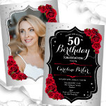 Elegantes Silver Black Red Foto 50. Geburtstag Einladung<br><div class="desc">Elegante florale feminine 50. Geburtstagseinladung mit Ihrem Foto auf der Kartenrückseite. Glam-Design mit Imitaten Silber. Enthält rote Rosen,  Skript-Schriftart und Konfetti. Ideal für ein stilvolles Party für Erwachsene. Personalisieren Sie Ihre persönlichen Daten. Kann für jedes Alter angepasst werden! Gedruckte Zazzle Einladungen oder Sofortdownload digitalen druckbaren Vorlage.</div>