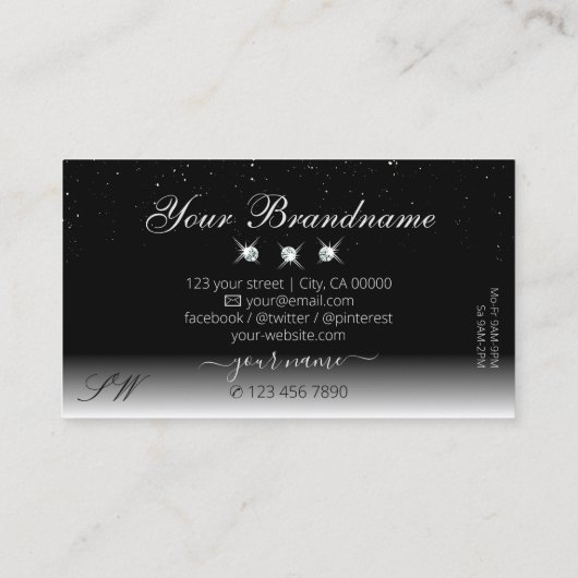 Elegantes Silver Black Sparkling Diamonds Monogram Visitenkarte (Rückseite)