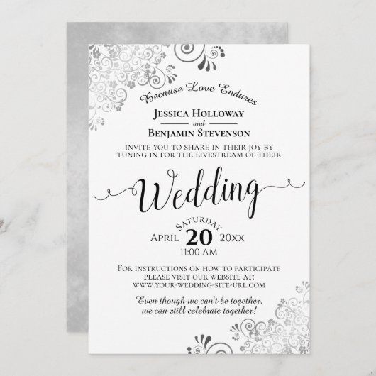 Elegantes Silver, Black & White Wedding Livestream Einladung (Vorne/Hinten)