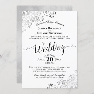 Elegantes Silver, Black & White Wedding Livestream Einladung