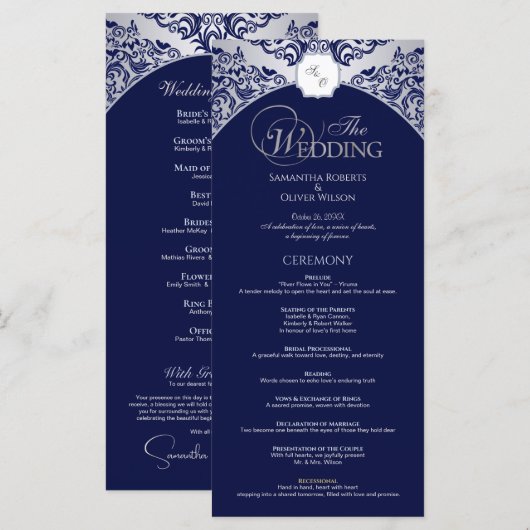 Elegantes Silver Blue Monogram Wedding Program Programm (Vorne/Hinten)