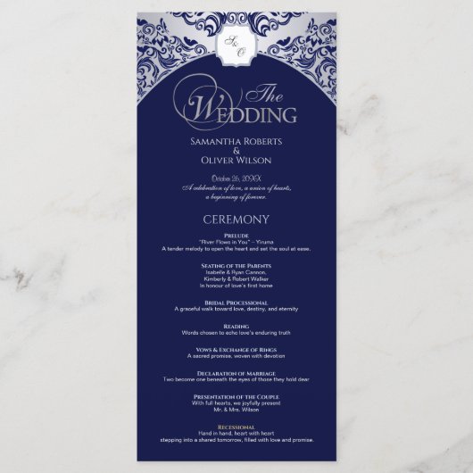 Elegantes Silver Blue Monogram Wedding Program Programm (Vorderseite)