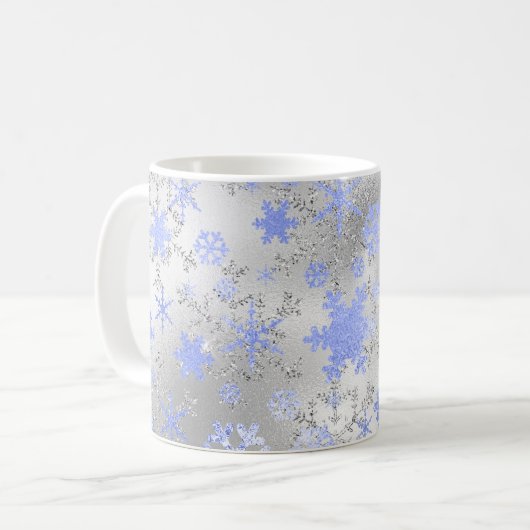 Elegantes Silver Blue Weihnachten Schneeflocken Mu Kaffeetasse (Vorderseite Links)