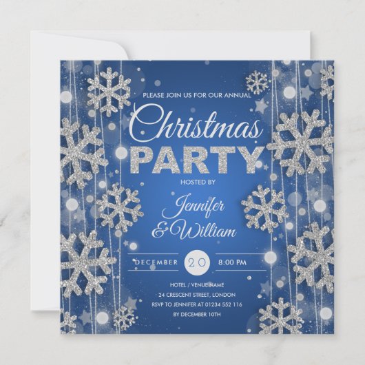 Elegantes Silver Blue Winter Glam Weihnachts-Party Einladung (Vorderseite)