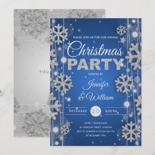 Elegantes Silver Blue Winter Glam Weihnachts-Party Einladung (Vorne/Hinten)