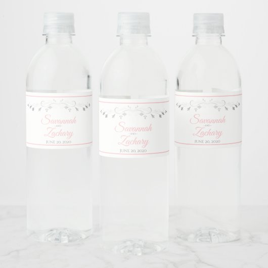Elegantes Silver Blühe Rosa-Script-Hochzeit Wasserflaschenetikett (Flaschen)