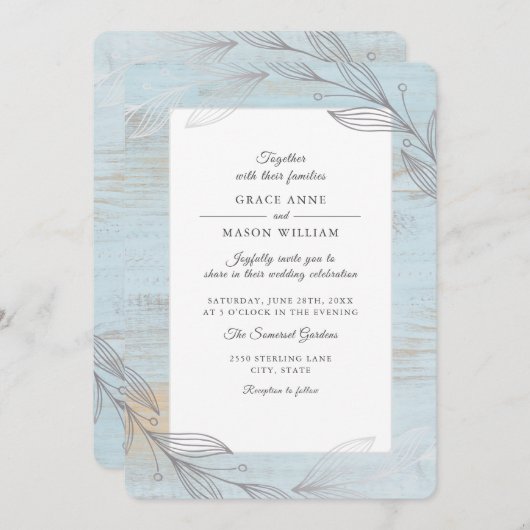 Elegantes Silver Botanical Blätter Rustikale Hochz Einladung (Vorne/Hinten)