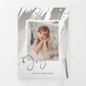 Elegantes Silver Brushstrokes mit Joy Script-Foto Dreifach Gefaltete Karte (Cover)