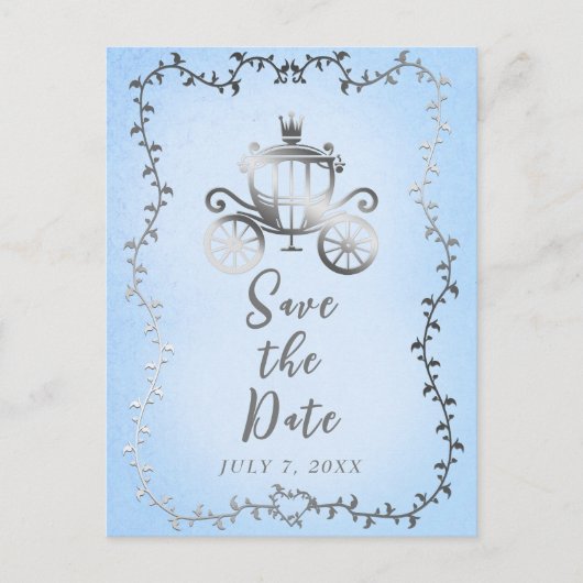 Elegantes Silver Carriage Storybook Save the Date Ankündigungspostkarte (Vorderseite)