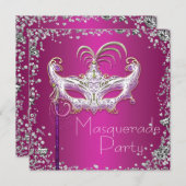 Elegantes Silver Confetti Hot Pink Masquerade Part Einladung (Vorne/Hinten)