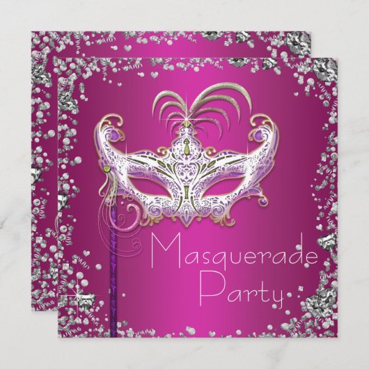 Elegantes Silver Confetti Hot Pink Masquerade Part Einladung (Vorne/Hinten)