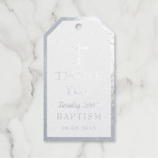 Elegantes Silver Cross Baptism Foto Geschenkanhänger (Vorderseite)