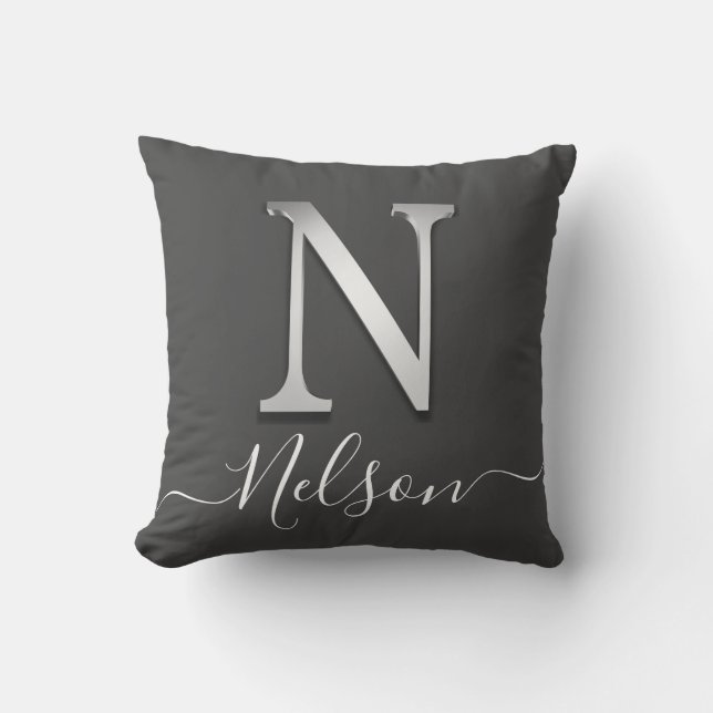Elegantes Silver Custom Monogram N Name Throw Pill Kissen (Vorderseite)