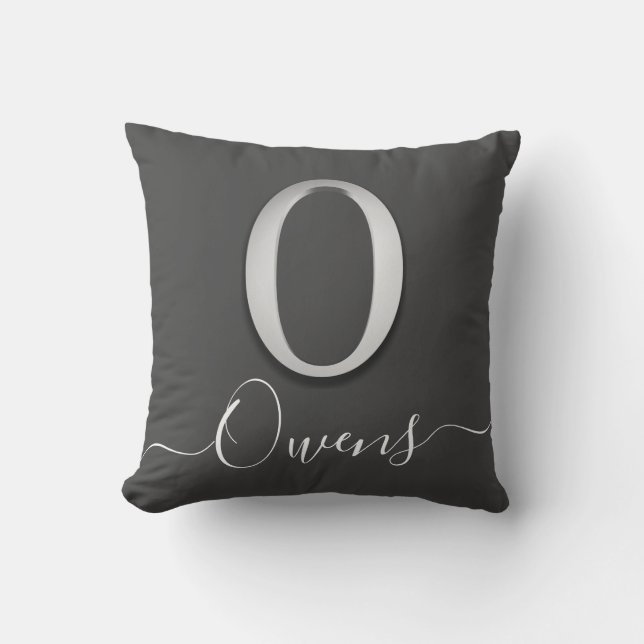 Elegantes Silver Custom Monogram O Name Throw Pill Kissen (Vorderseite)