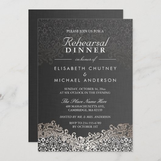 Elegantes Silver Damask Förmliches Probe-Dinner Einladung (Vorne/Hinten)