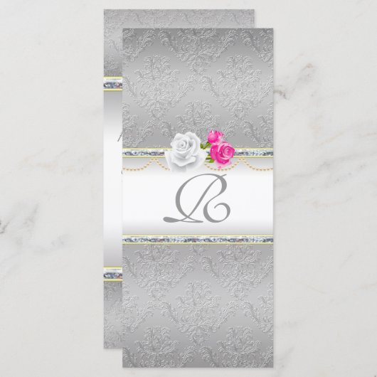 Elegantes Silver Damask und rosa Rose Monogramm Programm (Vorne/Hinten)