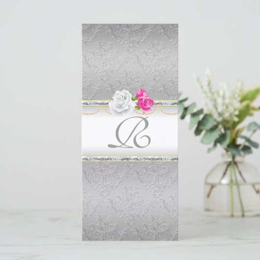 Elegantes Silver Damask und rosa Rose Monogramm Programm (Stehend Vorderseite)