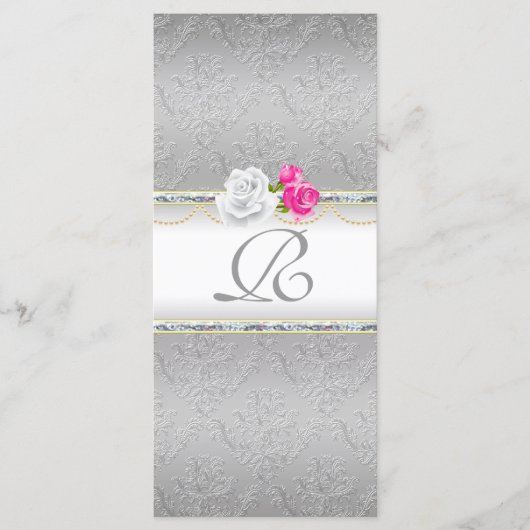 Elegantes Silver Damask und rosa Rose Monogramm Programm (Vorderseite)
