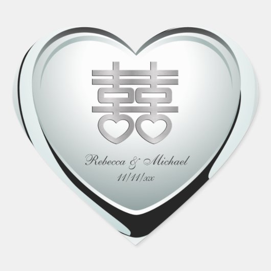 Elegantes Silver Double Happiness Herz Herz-Aufkleber (Vorderseite)