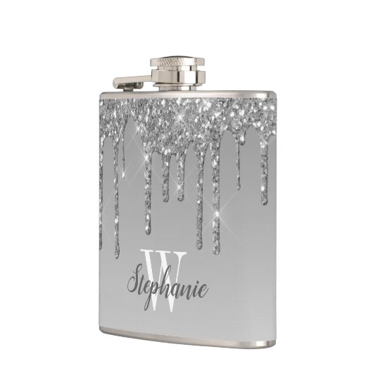 Elegantes Silver Dripping Imitats Glitzer Monogram Flachmann (Links)
