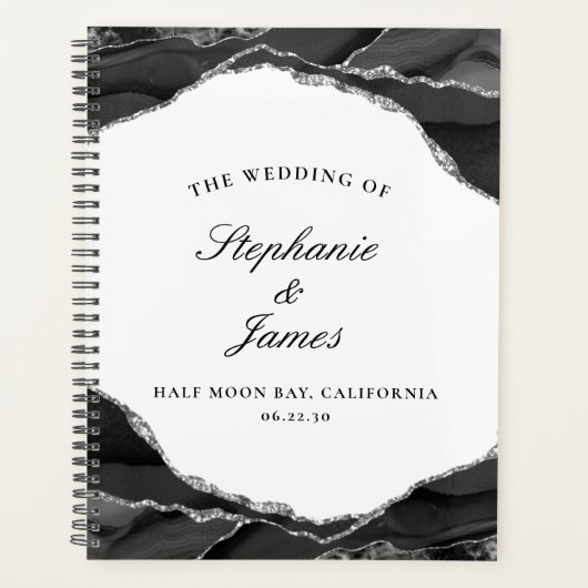 Elegantes Silver Foil Black Agate Foto Hochzeit Planer (Vorderseite)