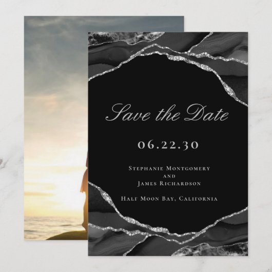 Elegantes Silver Foil Black Agate Wedding Foto Save The Date (Vorne/Hinten)