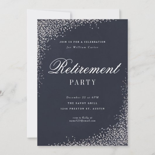 Elegantes Silver Foil Script Retirement Party Einladung (Vorderseite)
