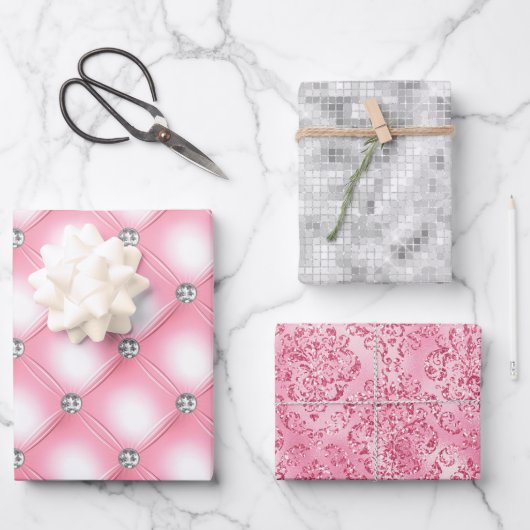 Elegantes Silver Glam Bling Silver Glitzer Geschen Geschenkpapier Set (Vorderseite)