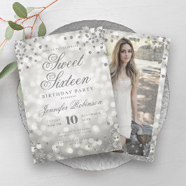 Elegantes Silver Glam Lights Foto Sweet 16 Einladung
