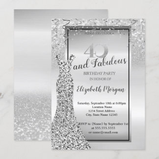 Elegantes Silver Glitzer Dress 40. Geburtstag Part Einladung