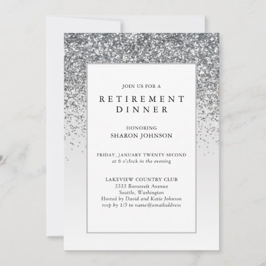 Elegantes Silver Glitzer Retirement Party Einladung (Vorderseite)