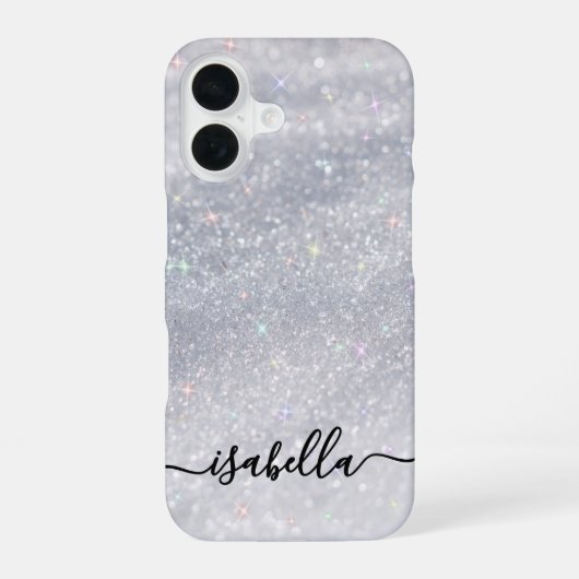 Elegantes Silver Glitzer Script | Individuelle Nam iPhone 16 Hülle (Rückseite)