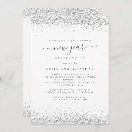 Elegantes Silver Glitzer Script Silvester Party Einladung (Vorne/Hinten)