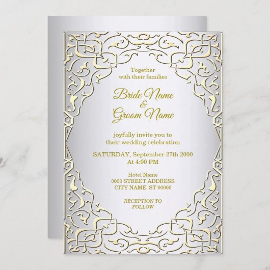 Elegantes Silver Gold dekoratives Hochzeitsempfang Einladung (Vorne/Hinten)