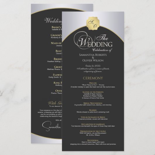 Elegantes Silver Gold Monogram Wedding Program Programm (Vorne/Hinten)