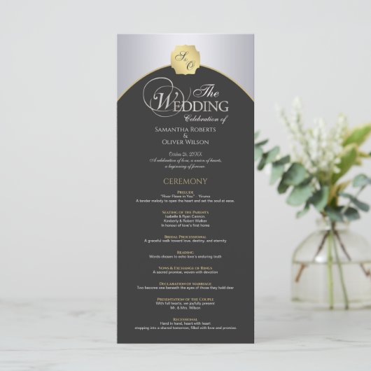 Elegantes Silver Gold Monogram Wedding Program Programm (Stehend Vorderseite)
