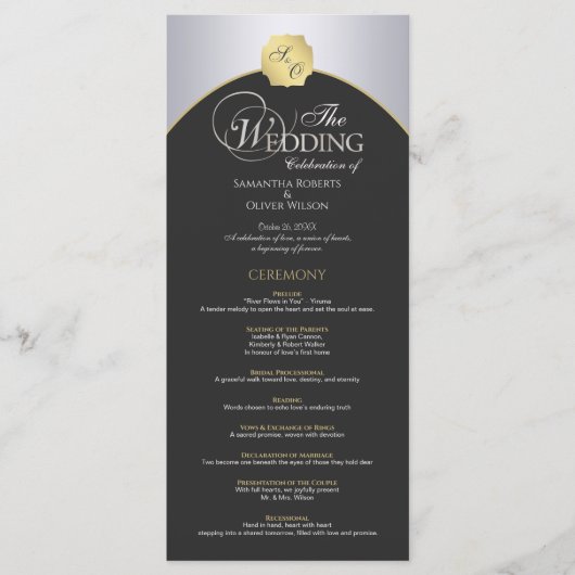 Elegantes Silver Gold Monogram Wedding Program Programm (Vorderseite)