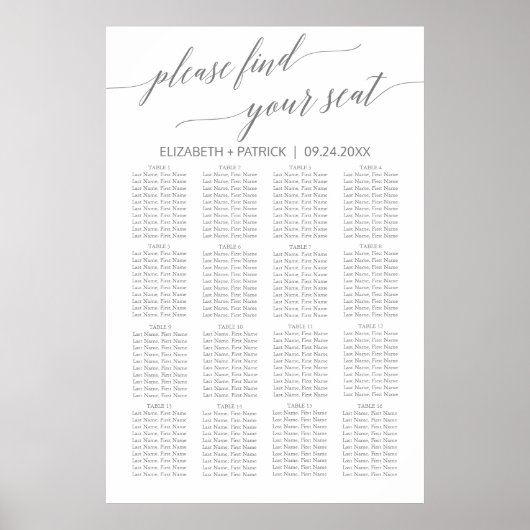 Elegantes Silver Gray Calligraphy Seating Chart Poster (Vorne)