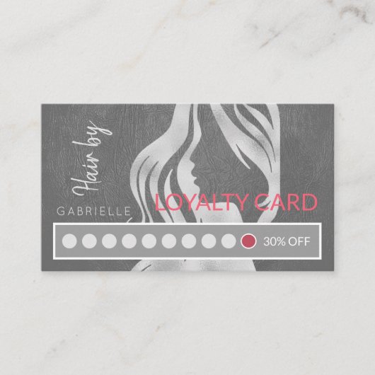 Elegantes Silver Gray Leather Look Haar Salon Punc Treuekarte (Vorderseite)