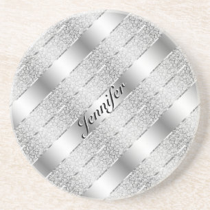 Elegantes Silver Gray Metallic Stripes Monogramm Getränkeuntersetzer