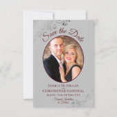 Elegantes Silver Lace Burgundy auf Gray Foto Weddi Save The Date (Vorderseite)