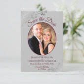 Elegantes Silver Lace Burgundy auf Gray Foto Weddi Save The Date (Stehend Vorderseite)